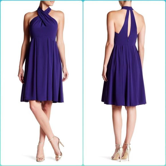 Halston Heritage Pleated Halter Fit & Flare Dress